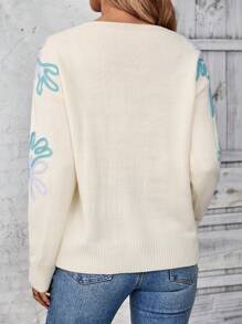 EMERY ROSE Women's Floral Print V-Neck Oversized Long Sleeve Sweater, Winter