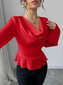Elenzga Autumn/Winter Flounced Collar Cinched Waist A-Line Flared Long Sleeve Blouse - Red - View 7