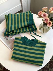 SHEIN LUNE Bộ đồ dệt kim đơn giản, giản dị, họa tiết sọc theo phong cách Giáng sinh - màu xanh lá - Xem 4