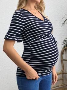SHEIN Stripe Tie-Front Nursing Wrap Maternity T-Shirt For Vacation & Casual Occasions