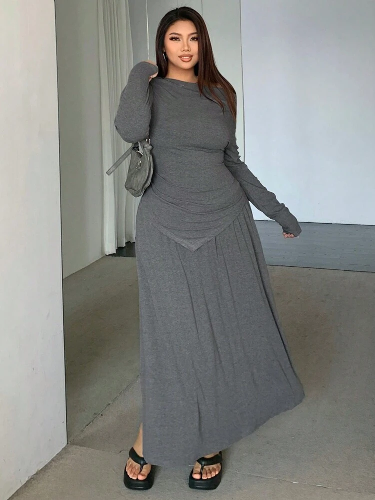 Dazy Petite Plus Plus Size 1 Set Asymmetrical Neck Bodycon T-Shirt & Knit Skirt 2 Pieces Outfit, Grey, Spring/Autumn,Fall Women Clothes