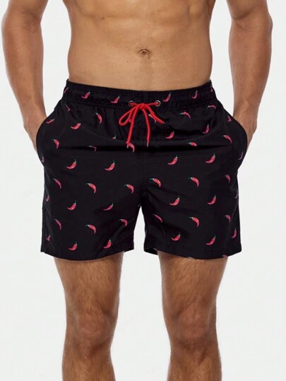 Manfinity KASUA 男士辣椒印花抽绳腰带口袋休闲沙滩短裤，夏威夷风