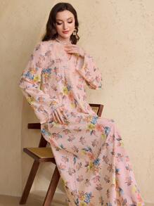 Al Najma Women's Floral Print Flare Sleeve Maxi Arabian Dress