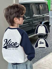 SHEIN 1pc Young Boys Raglan Sleeve Print Loose Fit Crew Neck Pullover Sweatshirt, Casual School Style, Suitable For Graphic T-Shirt, Kids Shirts, Cute T-Shirts, Everyday, School, Outings, Sports, All Seasons,In Fall/Winter - Navy Blue - View 1