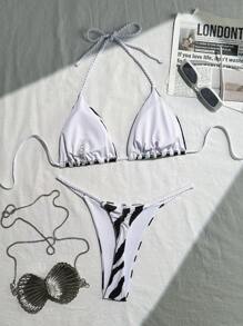 Swim SXY Women's Halter Neck Spaghetti Strap Patterned Summer Sexy Casual Vacation Beach Suit Swimwear - Black and White - View 3