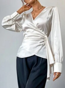 SHEIN Privé Blusa elegante y chic para uso diario, de unicolor, con escote en V, volantes y diseño de empalme, estilo moderno y elegante para mujeres, ideal para el Día de San Valentín - Albaricoque - Ver 4
