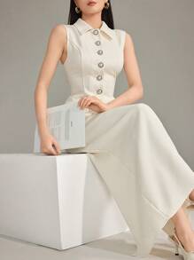 Heiryn 2pcs Women's Sleeveless Solid Color Vest Top And Skirt Set - Apricot - View 1