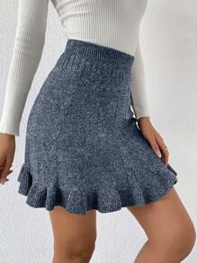 Chiquease Women's Ruffle Hem Short Retro College Style Knit Skirt - Blue - View 1