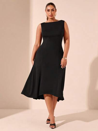 SHEIN BAE Plus Size Women's Simple Solid Color Sleeveless Dress, Suitable For Valentine's Day, Summer, Birthday, Plus Size, Plus Size Sexy Dress, Curve Dresses, Formal, Curve, Party, Sleeveless Dress, Basic, Minimalist, Music Festival