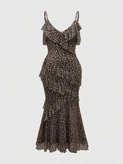 Grunge Punk Plus Size Women Leopard Print Sexy Ruffle Hem Camisole Dress, Subculture Style