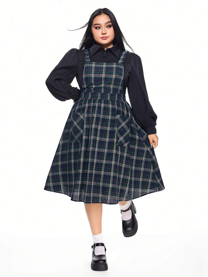 Our Fairycore Plus Size Women's Retro Cottagecore Style Plaid Pinafore Dress,  For Summer is such a vibe - ROMWE