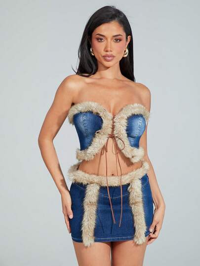 Denimoi 仿皮草饰边系带露肩牛仔短款上衣