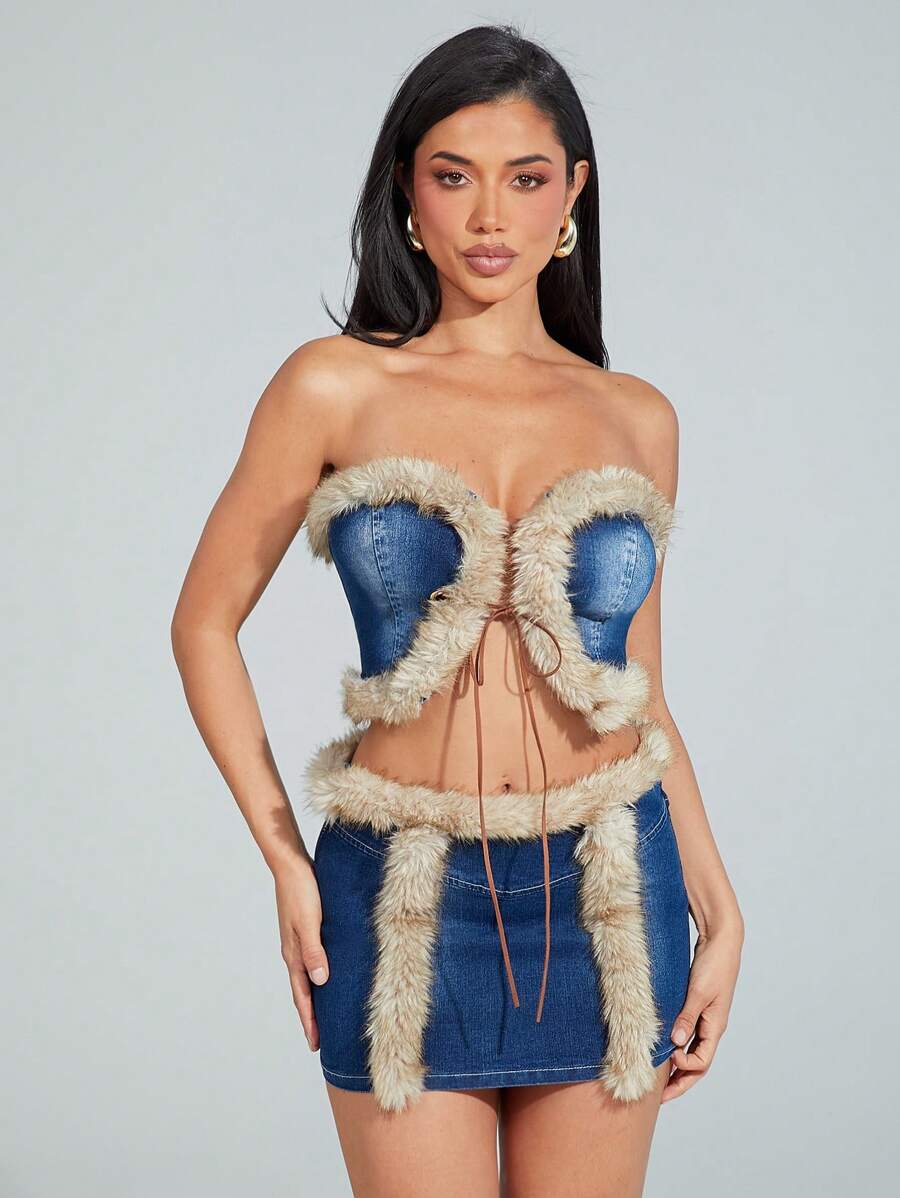Denimoi Faux Fur Trim Lace Up Strapless Denim Crop Top - Medium Wash - View 1