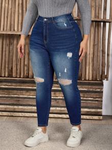 SHEIN LUNE Jeans déchirés style casual polyvalent grande taille pour femmes avec poches