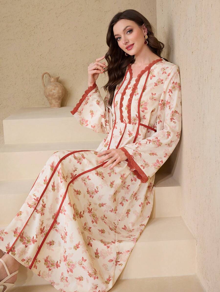 Al Najma Women's Arabic Style Color Contrast Floral Trim Flared Sleeve Dress, Spring/Summer, Modest - Multicolor - View 1