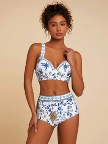 Travachic 女士花卉印花泳裤、度假/沙滩装 - 白色 - 查看 4