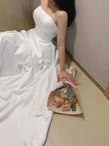 DAZY 女士蝴蝶结腰带长裙，露肩优雅太阳裙 - 白色 - 查看 1