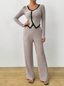 Chiquease 女式双排扣长袖上衣和口袋罗纹裤休闲套装，春/秋 - 淺灰色 - 查看 6