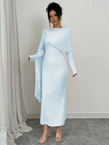 Elenzga 女士纯色简约休闲优雅垂褶长袖褶皱连衣裙长款女装 - 藍色 - 查看 6