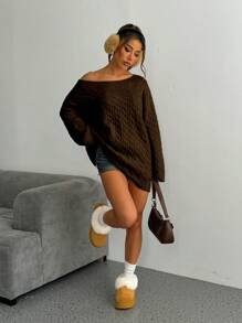 Flirla Dames Casual Losse Havermout Ronde Hals Drop Schouder Dikke Brei Trui Voor Herfst & Winter