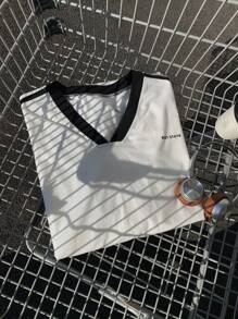 DAZY Women Striped Loose Fit Short Sleeve Letter T-Shirt Oversized T-Shirt