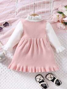 SHEIN Robe pull à col montant à manches longues avec volants et blocs de couleurs mignons pour bébé fille, robe en tricot élégante pour l'automne/l'hiver