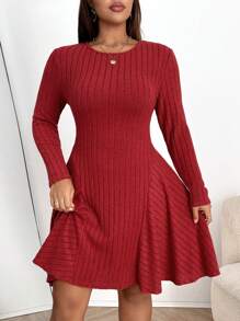 Franclia Plus Size Vrouwen Effen Kleur Ronde Hals Lange Mouw Geribbelde Korte Casual Jurk