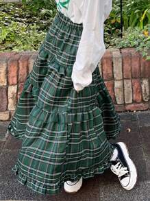 FRIFUL 女士弹力腰格子荷叶边长款休闲裙，返校季秋季服装 - 綠色 - 查看 7