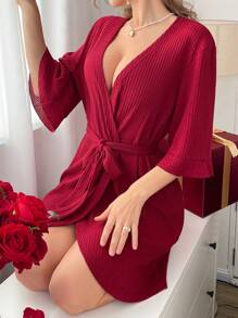 Solid Waffle Knit Curved Hem House Robe - Burgundy - View 5