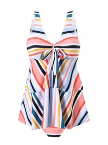 Swim Lushoire Sommer Frauen zufälliger Kunst gedruckter Streifen mit Schleifen-Vorderseite und gefaltetes Design Camisole Bikini Top - Verschiedenfarbig - Übersicht 6