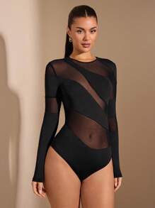 SHEIN BAE 春夏女士黑色圆领性感网眼透视镂空不对称紧身衣