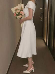 DAZY 女士露肩修身中长连衣裙优雅太阳裙，婚礼礼服