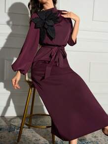 Modelyn Frauen 3D Blumen Dekor Laterne Ärmel Arabisches Langkleid