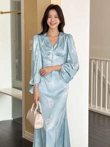 DAZY French Retro Exquisite Print V-Neck Gathered Waist Flare Sleeve Long Dress,Fall Dress