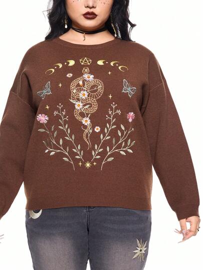 Hippie Suéter holgado con bordado de estrella, luna y planta de serpiente, talla grande