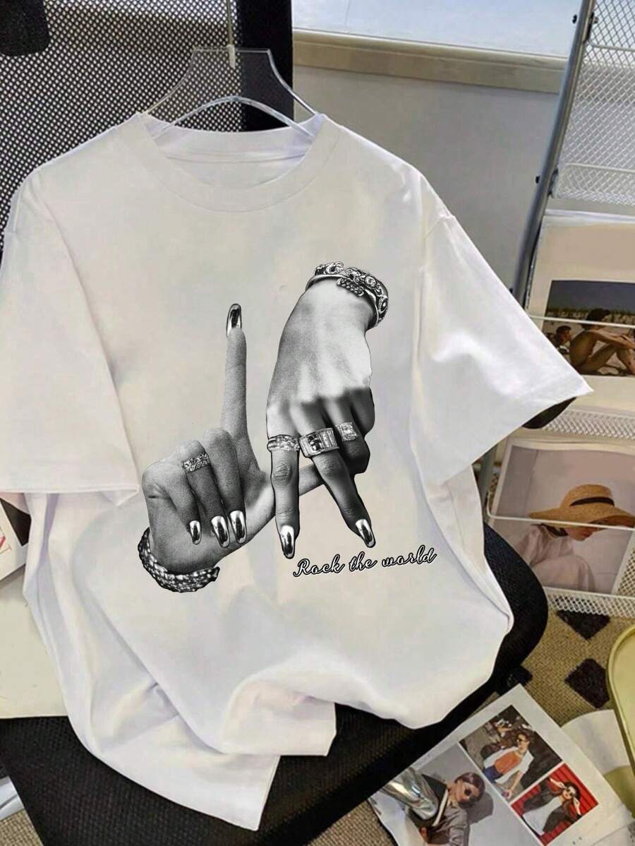SHEIN Leap Crew 青少年女孩休闲简约肖像图案超大针织 T 恤,适合夏季 - 白色 - 查看 1