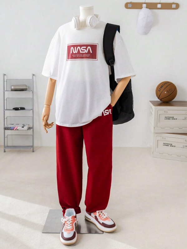 SHEIN Lässiges Bedrucktes Kurzarm-t-shirt Und Hose Für Teenager-jungen, 2 Stück/set, Geeignet Für Frühling Und Sommer