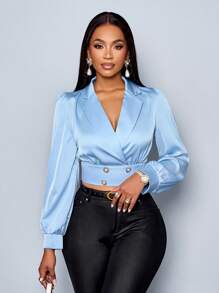 SOLERSUN Women Elegant Lapel Neck Pearls Button Wrap Crop Satin Blouse Fall Cloth For Women - Baby Blue - View 3