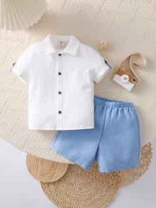 SHEIN Leap Crew Bộ 2 áo sơ mi tay ngắn màu trơn và quần short sọc cho bé trai mùa hè, thích hợp mặc đi học, đi làm vườn, đi biển, sinh nhật, thích hợp mặc vào mùa xuân, hè, thu, đông - Nhiều màu - Xem 7