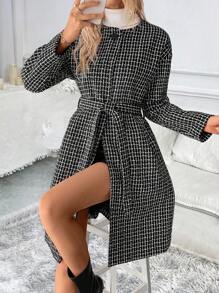 SHEIN Clasi Áo khoác cardigan cổ tròn thanh lịch đi làm thường ngày cho nữ có áo khoác ngoài kẻ caro buộc dây họa tiết - màu đen - Xem 5