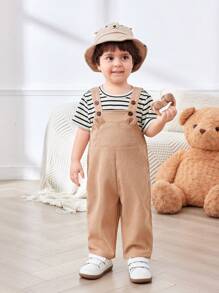 SHEIN Set de 2 piezas, camiseta de manga corta acanalada casual y versátil, y peto con orejas de animal de pana para bebé niño/niña, adecuado para primavera/verano