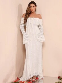 SHEIN BAE 女式加大码优雅蕾丝露肩喇叭袖美人鱼连衣裙 - 白色 - 查看 3