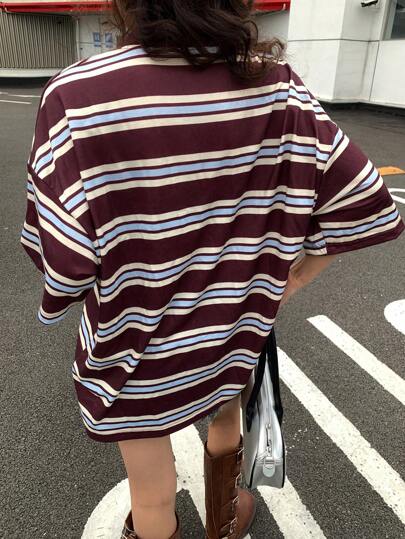 DAZY 女士休闲 Polo 领拼色条纹短袖 T 恤，夏季 Y2k 超大 T 恤