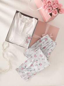 Zestaw 2 szt. dla nastolatek, jednolity kolor, kołnierzyk z guzikami, kieszenie z koronki, nadruk kwiatowy, długi rękaw, piżama, odzież rekreacyjna