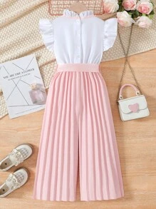 SHEIN Elladie kids 年轻女孩时尚套装，花朵盖袖上衣和阔腿裤连体衣，夏季 - 粉色 - 查看 2