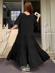 DAZY 女式宽松短袖T恤连衣裙，搭配拼布蛋糕裙，中长款