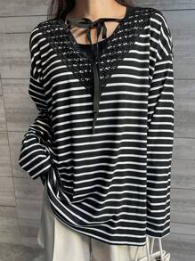 FRIFUL Women Loose Fit V-Neck Lace Patchwork Tie-Waist Striped T-Shirt Long Sleeve