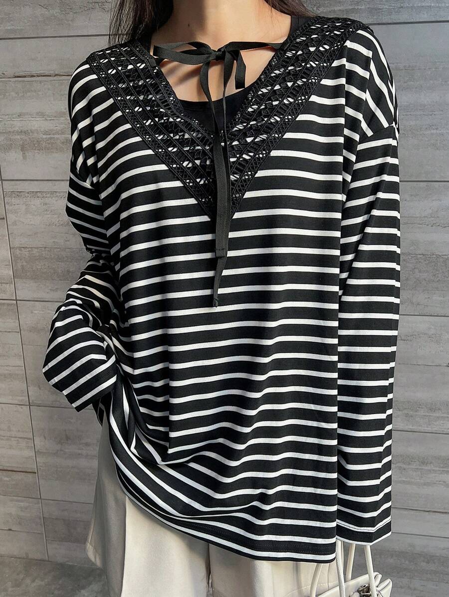 FRIFUL Women Loose Fit V-Neck Lace Patchwork Tie-Waist Striped T-Shirt Long Sleeve