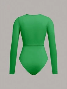 Slaydiva Women's Solid Color Wrap V-Neck Long Sleeve Ruffle Casual Bodysuit - Green - View 2