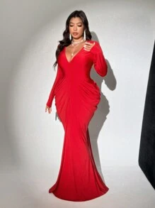Viva Relle Plus Size Deep V-Neck Ruched Long Sleeve Dress,Valentine Fall Cloth For Women - Red - View 5